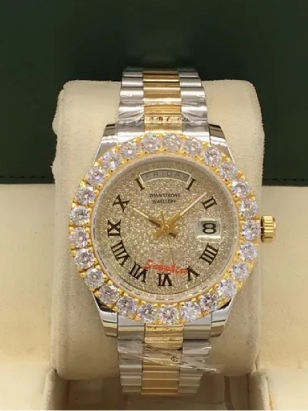 CERTIFIED Real moissanite stonesTwoTone Gold and Silver Accent Men’s Watch